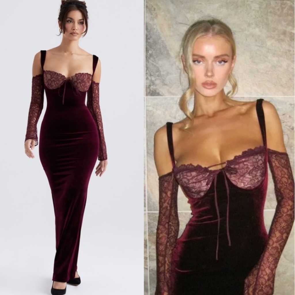 House Of Cb ‘Ivy’ Black Cherry Velvet Gown Nwot Xs A-C